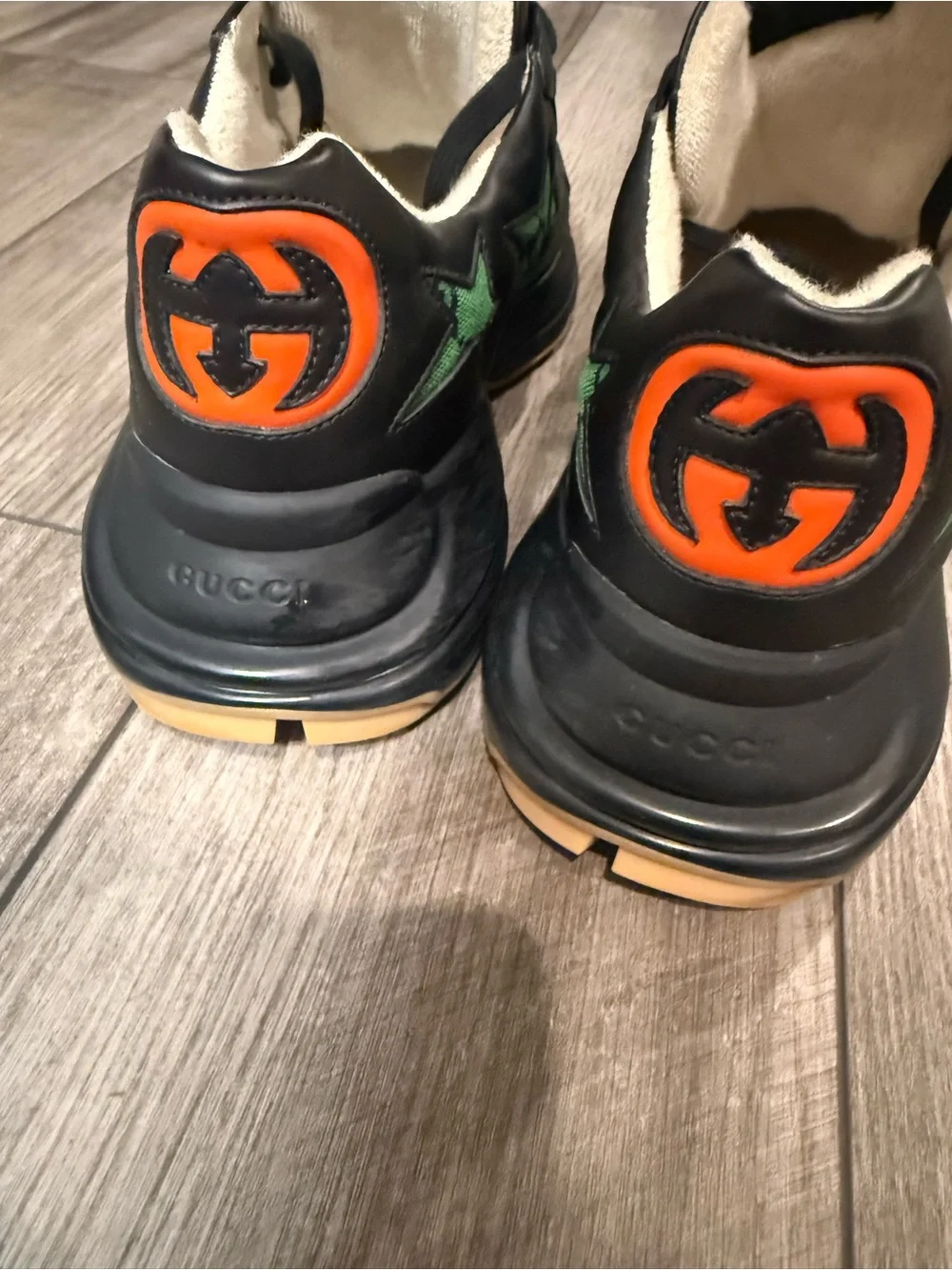 Gucci Black Leather Sneakers with Green Star Motif
